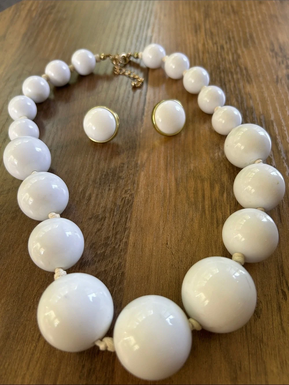 Vintage White Bead Necklace with Gold Accent Button Earrings Set